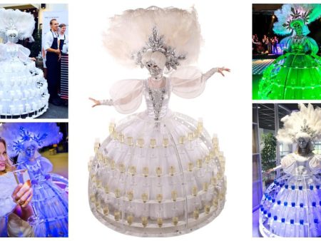 Champagne Diva Wit Gemaskerd: Stijlvolle catering met flair! Unieke "rok" op wielen, aanpasbaar aan elk thema. Nu met betoverende LED verlichting!