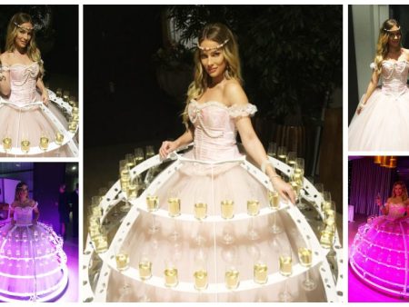 Champagne Diva Zacht Roze: Stijlvolle catering met flair! Unieke "rok" op wielen, aanpasbaar aan elk thema. Nu met betoverende LED verlichting!