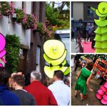 Cirque Colour Steltenlopers: Elegante figuren in roze en geel voor betoverend entertainment op uw event! Flexibele speeltijd en LED-optie beschikbaar.