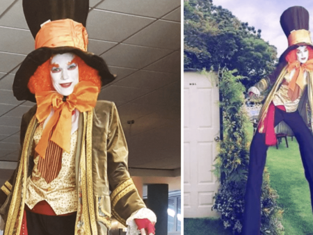 Verbazingwekkende Mad Hatter Steltenloper voor een magische sfeer! Perfect voor elk evenement. Breng Wonderland tot leven!