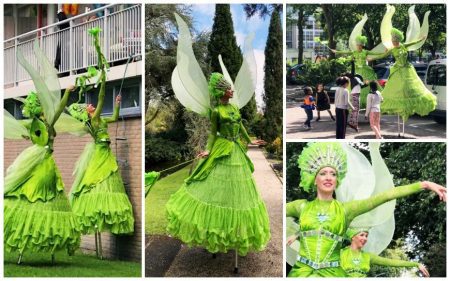 Groene Koninginnen Steltenlopers: Betoverend groen, hoopvol licht en duurzaamheid. Ideaal voor evenementen en festivals! 👑🌿