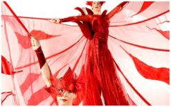 Mysterieuze Red Queens met steltloper en danseres zorgen voor elegante en mysterieuze sfeer. Deze rode act is perfect voor Valentijn, ontvangsten, festivals en evenementen met een rood thema.