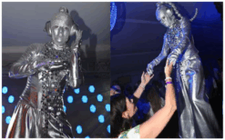 Alien Zilver Steltenlopers brengen futuristische, buitenaardse magie naar elk event. Met glinsterende kostuums en mysterieuze interactie zijn ze perfect voor festivals, winkelcentra en space-thema’s.