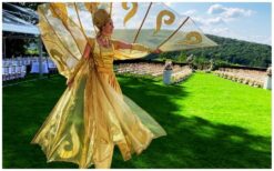 Combinatie act met Roze Zusjes en Schoonheid in Goud. Mobiele animatie en steltenlopers zorgen voor stijl, interactie en luxe sfeer bij ontvangst, beurzen, festivals en winkelcentra events