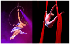 Betoverende luchtacrobatiek met keuze uit 2 acts zoals Ring, Net, Touw, Trapeze, Tissue, of Grond Acrobatiek. Ontdek de magie van beweging en zwaartekracht!