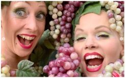 Druiven Dames animatieact met natuurlijke uitstraling. Deze groene act is inzetbaar als ontvangst of mobiele animatie en kan worden uitgebreid met een plateau vol echte druiven voor interactie.