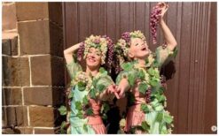 Druiven Dames animatieact met natuurlijke uitstraling. Deze groene act is inzetbaar als ontvangst of mobiele animatie en kan worden uitgebreid met een plateau vol echte druiven voor interactie.