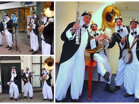 Boek het Pinguïns Dixieland Looporkest voor een onvergetelijk evenement. Breed repertoire, flexibele bezetting. Swingend of ontspannen, het perfecte geluid voor uw feest!