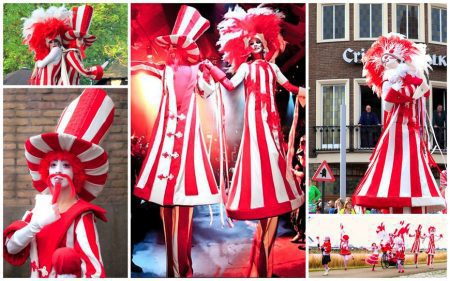 Laat Miss & Mister Rood-Wit Steltenlopers uw feest transformeren met hun unieke charme en kleurrijke speelsheid!