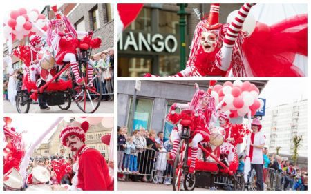 Ervaar het feestplezier van het Rood Witte Driewieler Feest - een kleurrijk en ritmisch avontuur met een clown, een drummer en een danseres op wielen!