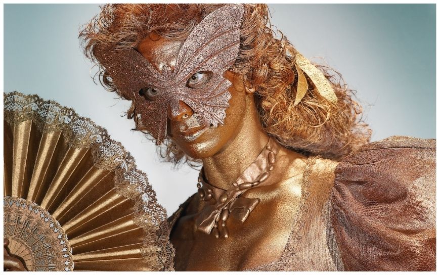 Brons Venetiaans Levend Standbeeld als stijlvolle eyecatcher op evenementen. Dit duo combineert barokke uitstraling met rustige bewegingen en is perfect voor ontvangst, beurzen en Venetiaanse thema’s.