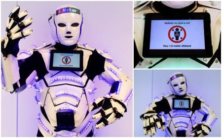 Netwerk Led Robot: Een opvallende publiekstrekker met persoonlijke boodschap op LCD-scherm en vriendelijke robotstem.