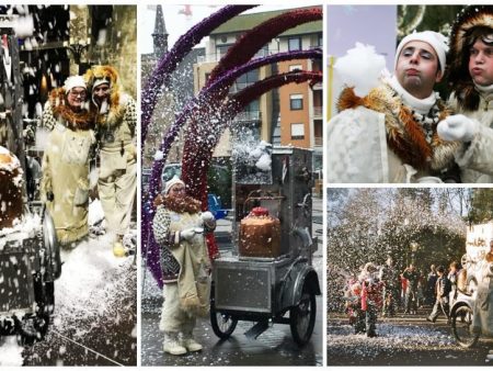 Betover uw evenement met deze mobiele Sneeuw Machine! Wetenschappers creëren wintermagie op bakfietsen. Beschikbaar voor winterse evenementen en kerstfeesten.