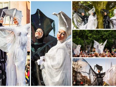 Ervaar betoverende Vlinder Diva's Steltenlopers: Een majestueus schouwspel hoog boven het publiek. Een sfeervolle toevoeging aan elk evenement!