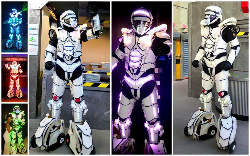 Futuristische rijdende LED Robot White: Een wow-effect voor evenementen. Boek nu voor een onvergetelijke ervaring!