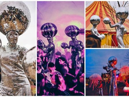 Betover uw evenement met dansende Zilveren Disco Ballen Steltenlopers! Schitterend entertainment vol interactie! Boek nu en laat uw feest stralen!