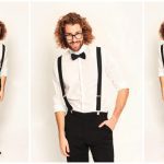 Stijlvolle Host in Wit Zwart met Bretels voor warme gastontvangst en veelzijdig entertainment. Professioneel en charmant voor elk evenement.