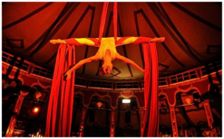 Ervaar de betoverende Tissue Act: kleurrijke luchtacrobatiek vol kracht en elegantie. Boek nu voor een magisch evenement! 🌈🤸♀️