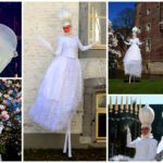 Elegante Witte Barok Dames Steltenlopers. Voeg tijdloze elegantie toe aan uw evenement met sierlijke bewegingen en barokke allure.