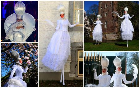 Elegante Witte Barok Dames Steltenlopers. Voeg tijdloze elegantie toe aan uw evenement met sierlijke bewegingen en barokke allure.