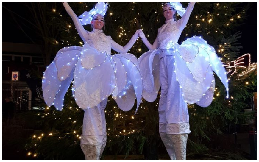 Witte LED Bloemen Steltenlopers met fonkelende verlichting brengen winterse magie, sfeer en elegantie naar elk kerst- of winterevent. Perfect voor ontvangst, winkelcentra, festivals en winterwonderland thema’s.