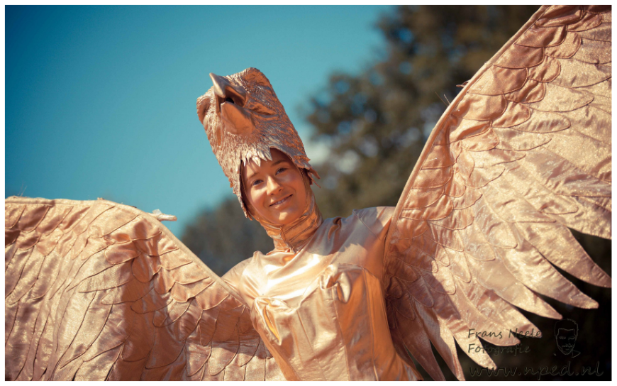 De Gouden Arend Steltenlopers brengen een majestueuze gouden vogel hoog boven het publiek. Imposant, elegant en perfect voor festivals, winkelcentra en ontvangst. Een unieke blikvanger vol magie en kracht.