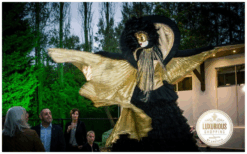 Venetiaans Goud Steltenlopers met grote gouden vleugels brengen luxe, elegantie en betovering naar elk event. Perfect voor entree, festivals en winkelcentra. Een magische blikvanger in Venetiaanse stijl.