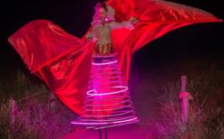 Engel van Licht steltenlopers met grote verlichte vleugels en LED verlichting tijdens een evenement in de avond