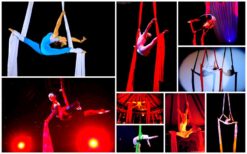 Ervaar de betoverende Tissue Act: kleurrijke luchtacrobatiek vol kracht en elegantie. Boek nu voor een magisch evenement! 🌈🤸♀️