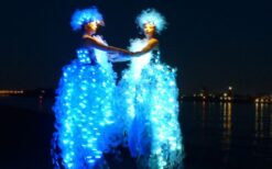 Plastic Recycle Steltenlopers boeken? Duurzame stelten act met licht en kostuums van gerecycled plastic. Perfect voor festivals, winkelcentra en events met een groen thema.