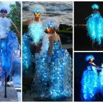 Ervaar de betoverende dans van Plastic Recycle Steltenlopers, een indrukwekkende voorstelling die bewustwording creëert over plastic afval en duurzaamheid.