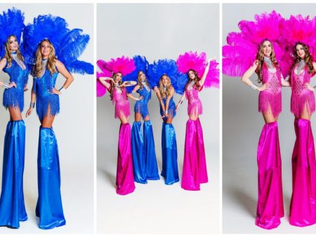 Burlesque Steltenlopers: Betoverend entertainment in lila en blauw. Ideaal voor evenementen. Boek Nu!