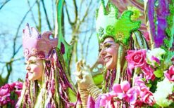 Lente steltenlopers in paars en groen kostuum tijdens kleurrijke steltenlopers act op festival of evenement.