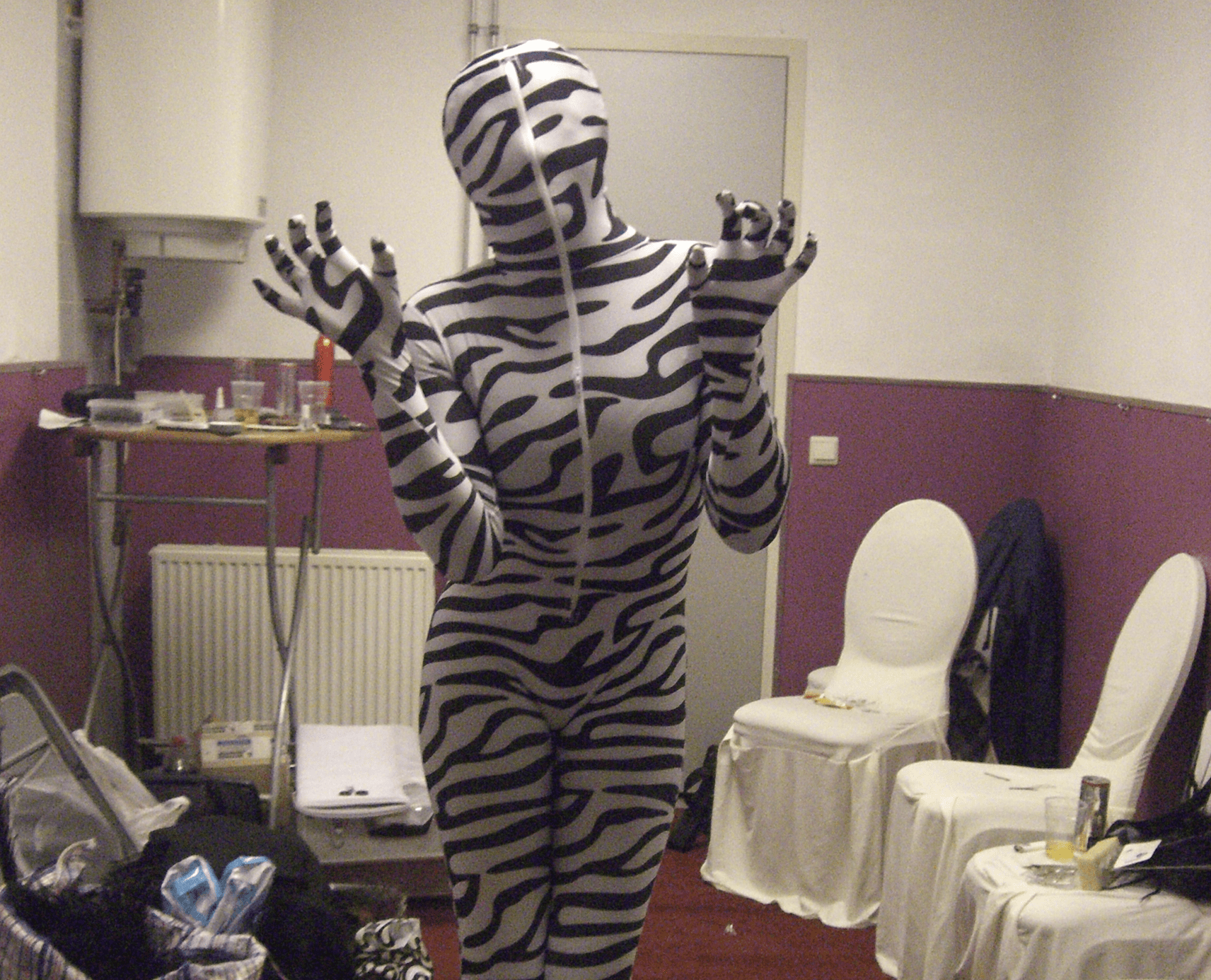 Niet alle kostuums zijn even gemakkelijk voor onze danseressen. Hier hebben we een lastige: een fully covered bodysuit in zebra print. Ondanks het beperkte zicht, lukt het hen toch om een spetterend optreden te geven.