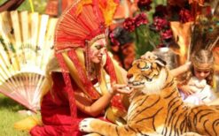 Oosterse parade met steltenlopers, dansers en praalwagen tijdens een 1001 nacht thema parade op een festival of evenement.