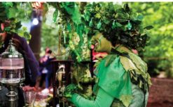 Groene fee animatie act schenkt drankjes aan gasten tijdens ontvangst entertainment op een festival, bruiloft of evenement.