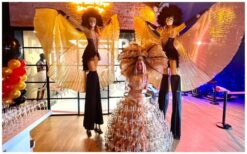 Verrijk uw evenement met de Rijdende Champagne Jurk: mobiele catering in stijl! Aanpasbaar aan elk thema.