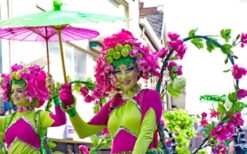 Kleurrijke lente parade met bloemendames en feetjes op stelten. Deze vrolijke mobiele act brengt direct een frisse lentesfeer op festivals, winkelcentra, braderieën en evenementen met een bloemen- of lentethema.