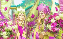 Kleurrijke lente parade met bloemendames en feetjes op stelten. Deze vrolijke mobiele act brengt direct een frisse lentesfeer op festivals, winkelcentra, braderieën en evenementen met een bloemen- of lentethema.