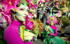 Kleurrijke lente parade met bloemendames en feetjes op stelten. Deze vrolijke mobiele act brengt direct een frisse lentesfeer op festivals, winkelcentra, braderieën en evenementen met een bloemen- of lentethema.