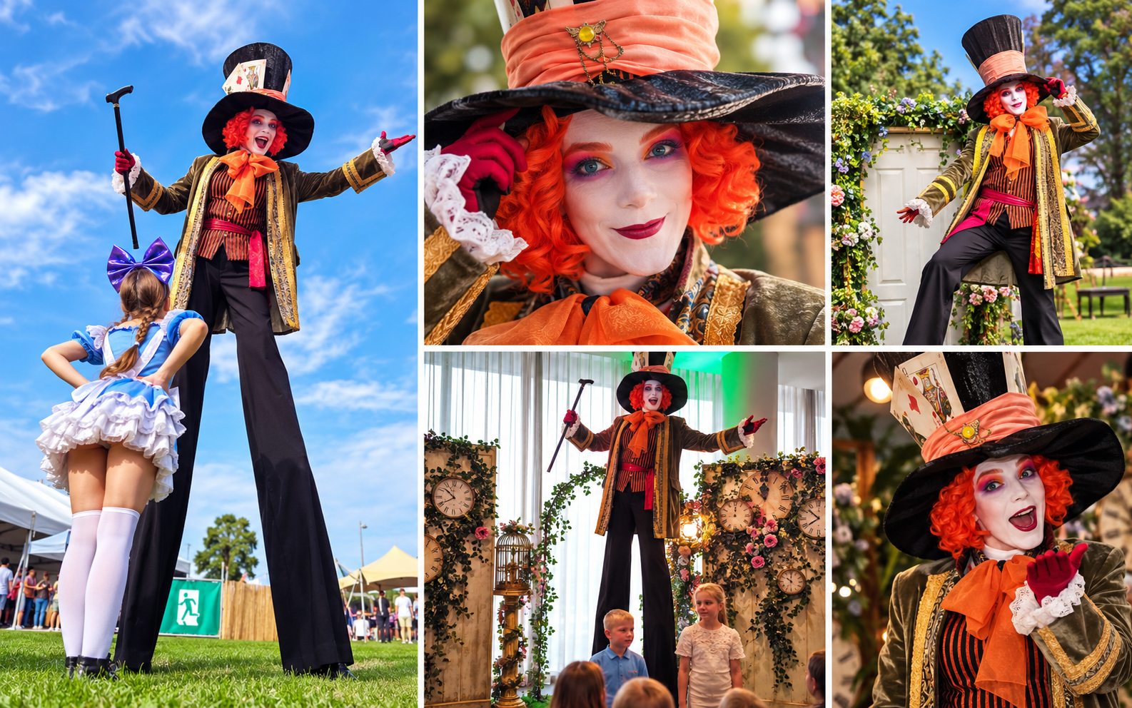 Een spectaculaire Mad Hatter op stelten, geïnspireerd op de kleurrijke wereld van Alice in Wonderland. Vanuit grote hoogte verrast en vermaakt hij uw gasten met zijn excentrieke uitstraling en interactieve karakter. Aantal spelers: 1 steltenloper Speeltijd: 3 x 30 minuten OF 2 x 45 minuten OF 1 x 60 minuten binnen 4 uur. Excl. reiskosten € 0,45 per km, afhankelijk van de woonplaats van de artiest. Minimaal 1 uur voor aanvang van het optreden aanwezig op locatie. Ook te boeken als grondspeler zonder stelten. Uit te breiden met meerdere Wonderland-thema entertainers voor een complete Wonderland-beleving.