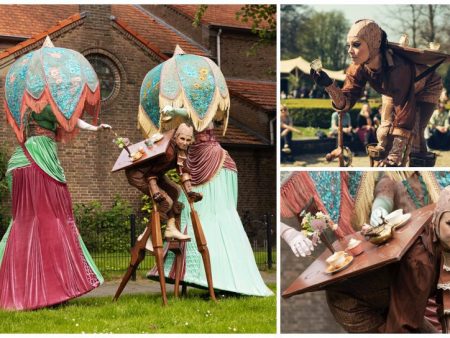 Wandelende Theetafel: een mobiele theeceremonie met levende meubelstukken op stelten. Unieke act voor festivals, winkelcentra, feesten en events.