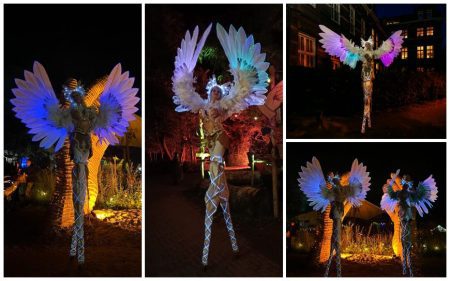 Betoverende Winter Godinnen op stelten met LED-vleugels! Magisch winterentertainment voor festivals, kerstmarkten en events. Een echte blikvanger! ❄