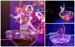 Champagne Glas Burlesque act met danseres in glas, glamourvolle ontvangst met champagne en elegante burlesque outfits tijdens event of feest.