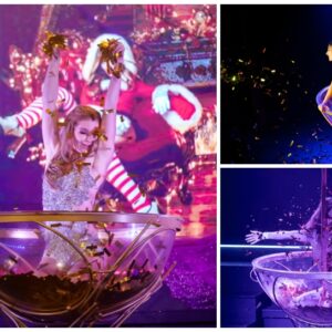 Champagne Glas Burlesque act met danseres in glas, glamourvolle ontvangst met champagne en elegante burlesque outfits tijdens event of feest.