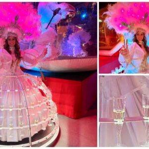 Laat je event stralen met de Champagne Diva Wit met Roze LED! 🥂 Deze elegante diva rijdt rond met een unieke champagne-rok op wielen, gevuld met meer dan 100 glazen of hapjes. De sfeervolle roze LED-verlichting zorgt voor extra magie, perfect voor avondfeesten en luxe evenementen. Een stijlvolle en verrassende manier om je gasten te verwennen! Of het nu een bruiloft, bedrijfsfeest of beurs is, de Champagne Diva past zich moeiteloos aan elk thema aan. Haar chique uitstraling en creatieve catering maken elk event onvergetelijk. Boek nu en geef je feest een bijzondere touch!