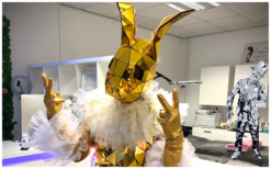 Het Gouden Spiegel Konijn is een mobiele spiegelact en levend standbeeld met gouden mozaïekspiegels, perfect als opvallend ontvangst entertainment voor events en festivals.