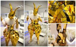 Het Gouden Spiegel Konijn is een mobiele spiegelact en levend standbeeld met gouden mozaïekspiegels, perfect als opvallend ontvangst entertainment voor events en festivals.