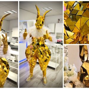 Het Gouden Spiegel Konijn is een mobiele spiegelact en levend standbeeld met gouden mozaïekspiegels, perfect als opvallend ontvangst entertainment voor events en festivals.