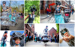 Re-Cycle Parade met steltenlopers en kostuums van gerecyclede materialen tijdens een duurzaam evenement